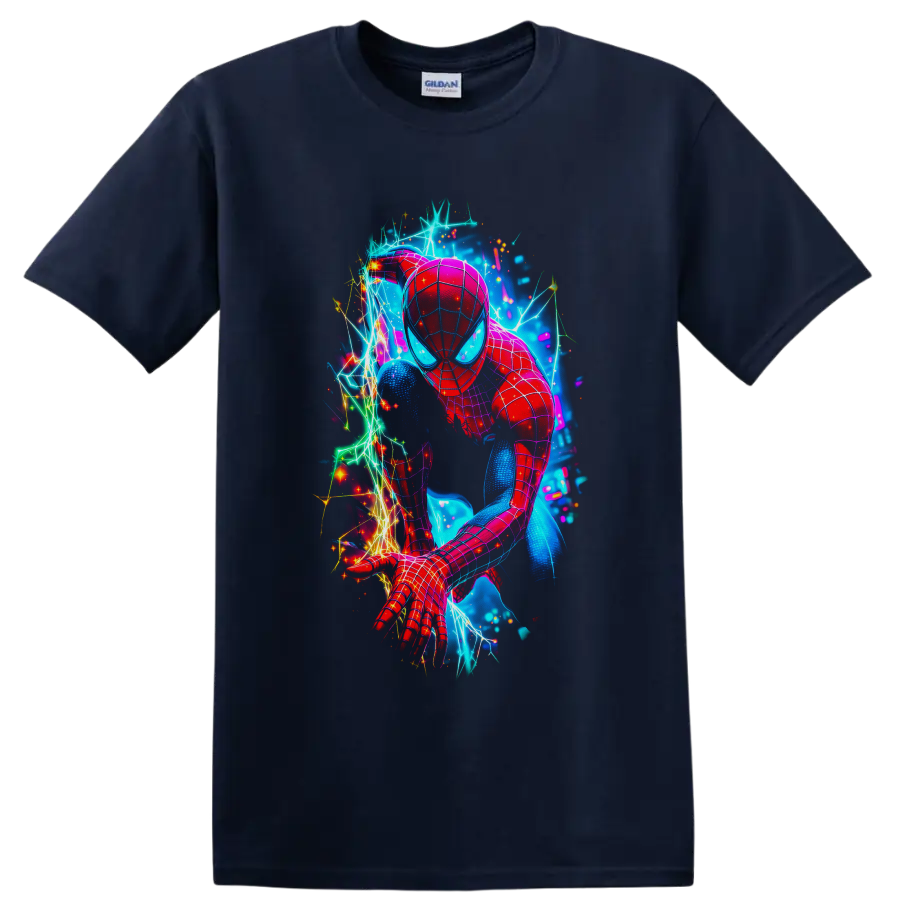 Spider-Man in neon electric web action art with sparks and glowing cosmic backdrop on a Navy (Blue) T Shirt