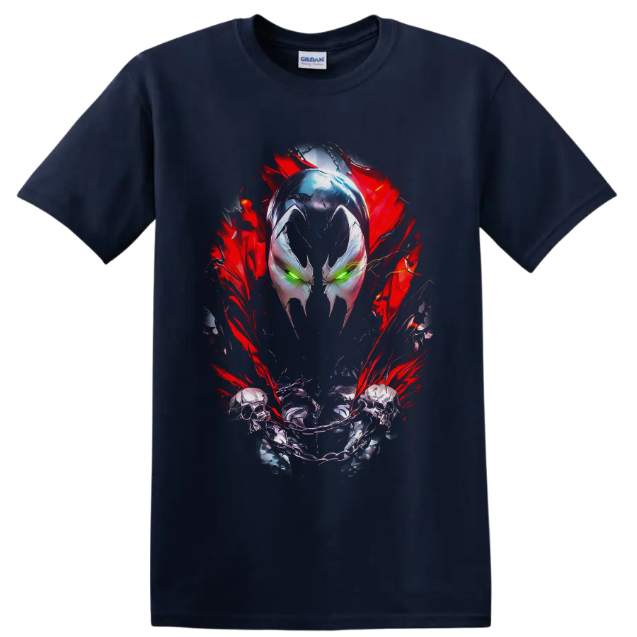 Spawn masked face with green eyes, skull chain, and red energy comic artwork on a Navy (Blue) T Shirt