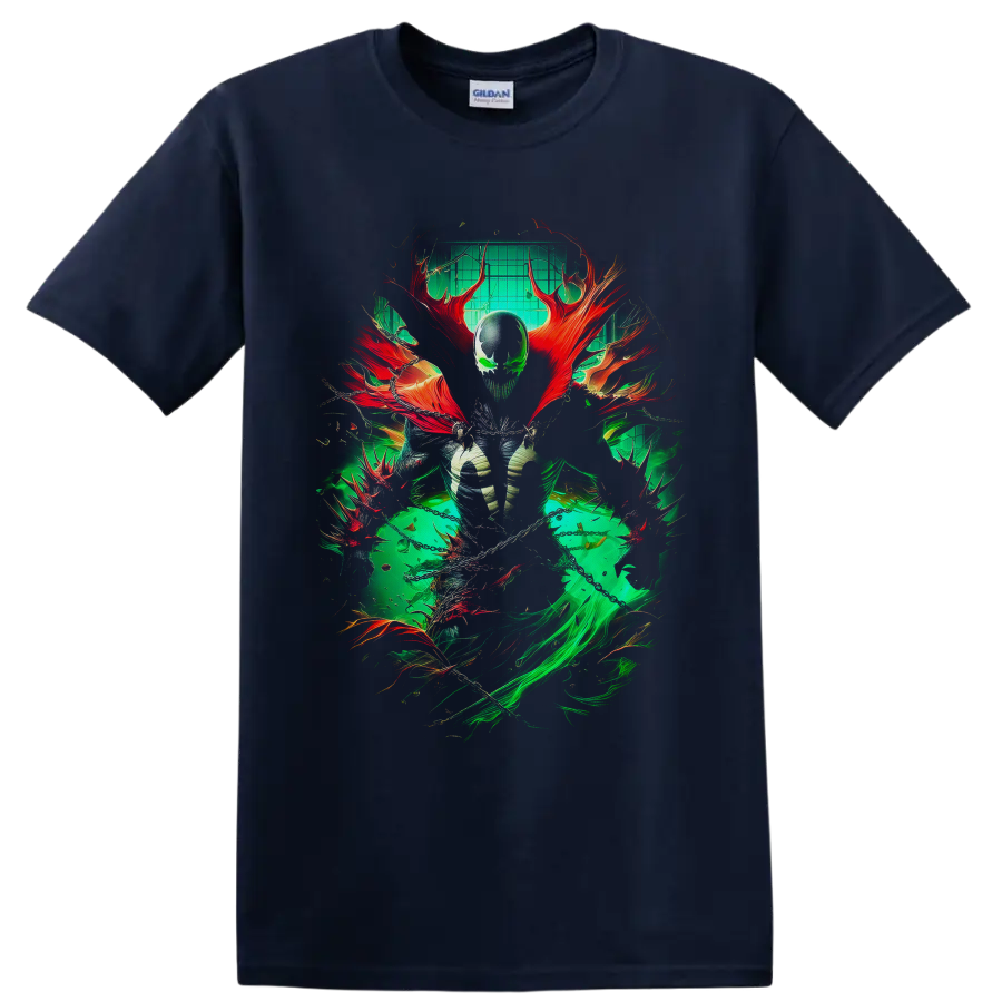 Spawn Al Simmons dark comic art with green energy, red cape forms, and chains on a Navy (Blue) T Shirt