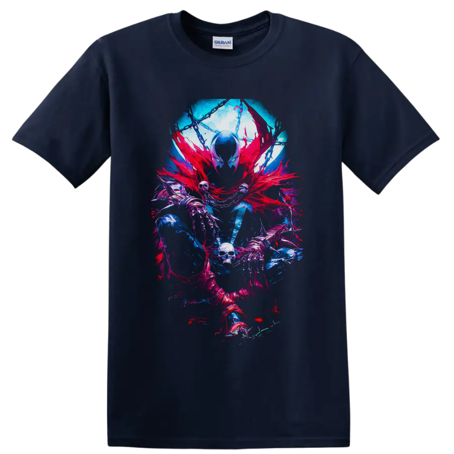 Spawn gothic comic art with red cape, chains, skeletal hands, skull, and neon effects on a Navy (Blue) T Shirt