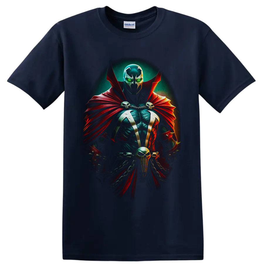 Spawn gothic antihero portrait with red cape, green eyes, skulls and chains on a Navy (Blue) T Shirt