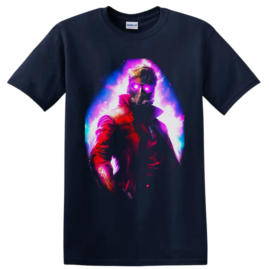 Star-Lord Peter Quill neon cosmic portrait with glowing mask and red coat on a Navy (Blue) T Shirt