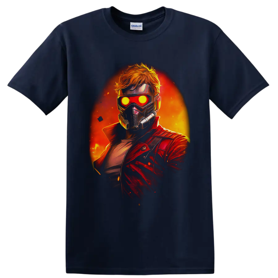 Star-Lord in a glowing mask and red jacket against a fiery cosmic backdrop on a Navy (Blue) T Shirt