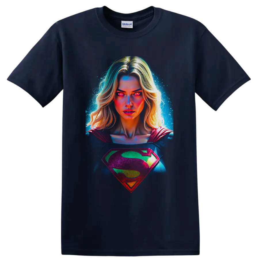 Supergirl Kara Zor-El neon cosmic portrait with glowing eyes and chest emblem on a Navy (Blue) T Shirt