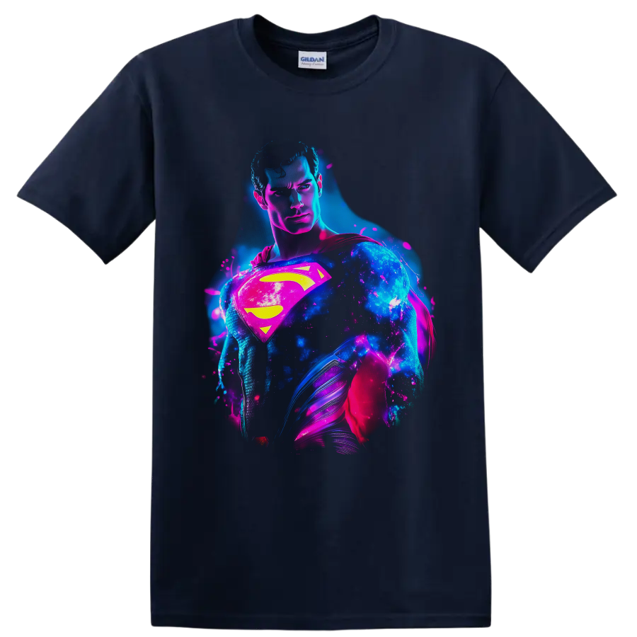 Superman Clark Kent neon cosmic portrait with glowing shield, cape, and splatter art on a Navy (Blue) T Shirt