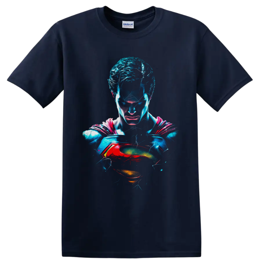 Superman Man of Steel neon portrait with electric cracks and red-and-gold chest emblem on a Navy (Blue) T Shirt