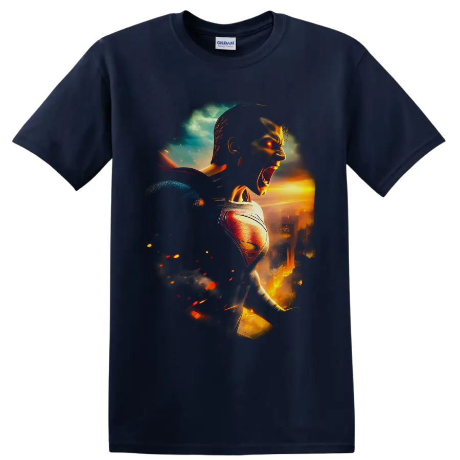 Superman Clark Kent cinematic fiery city battle artwork with glowing red eyes on a Navy (Blue) T Shirt