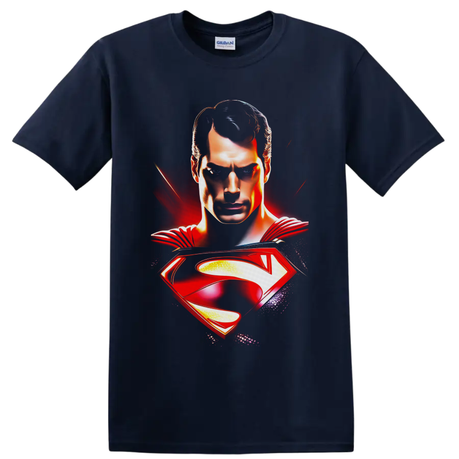 Superman Clark Kent portrait with red cape and glowing shield emblem comic artwork on a Navy (Blue) T Shirt