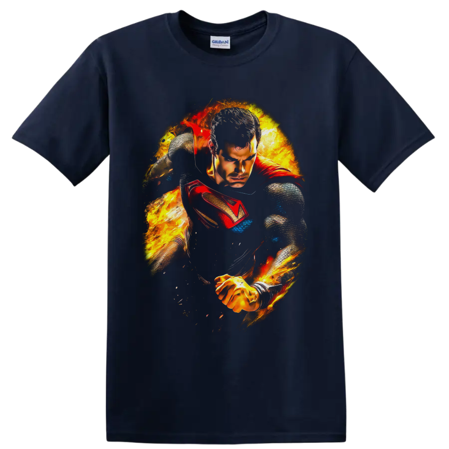 Superman as Clark Kent in fiery comic-style action art with red cape and shield on a Navy (Blue) T Shirt