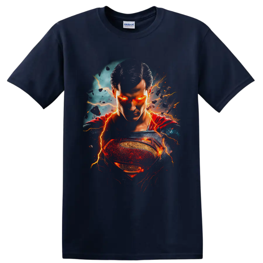 Superman portrait with glowing eyes, lightning, red cape, and fiery hero emblem on a Navy (Blue) T Shirt