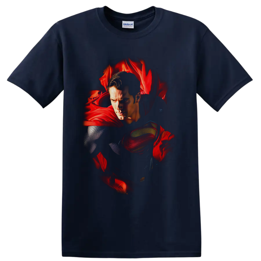 Superman portrait with red cape and chest emblem in Alex Ross-inspired comic art on a Navy (Blue) T Shirt