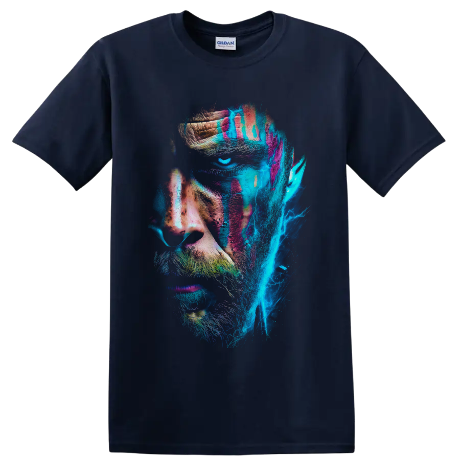 Kratos neon warrior portrait with cyan lightning and distressed paint textures on a Navy (Blue) T Shirt