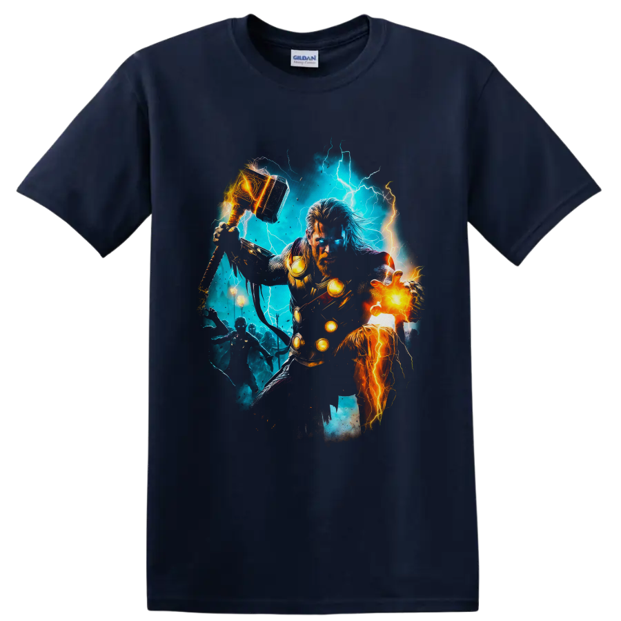 Thor and Mighty Thor comic art with lightning, glowing hammer, armor, and fiery energy on a Navy (Blue) T Shirt