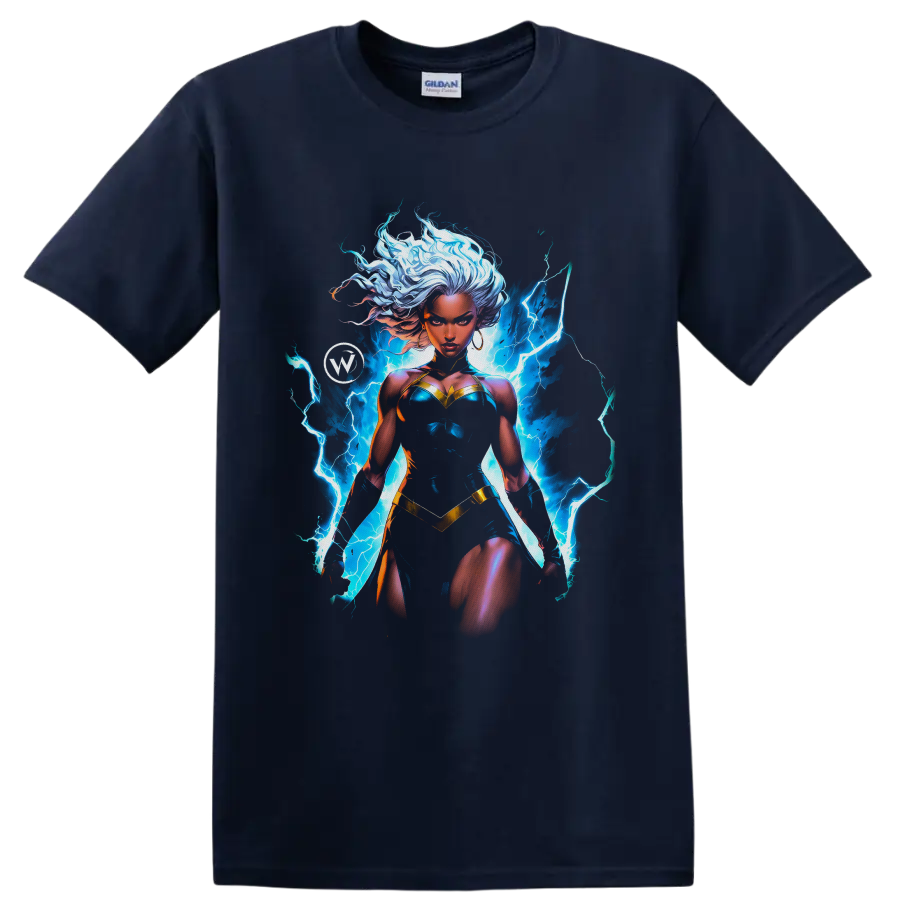 Storm superhero artwork with flowing white hair and electric-blue lightning on a Navy (Blue) T Shirt