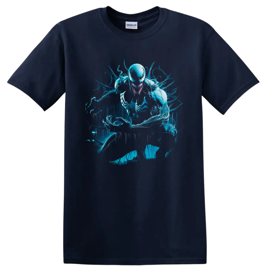 Anti-Venom symbiote with cyan tendrils in distressed comic art style on a Navy (Blue) T Shirt