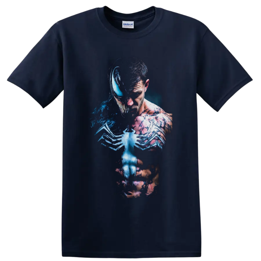 Venom and Eddie Brock split symbiote transformation in dark blue comic art on a Navy (Blue) T Shirt