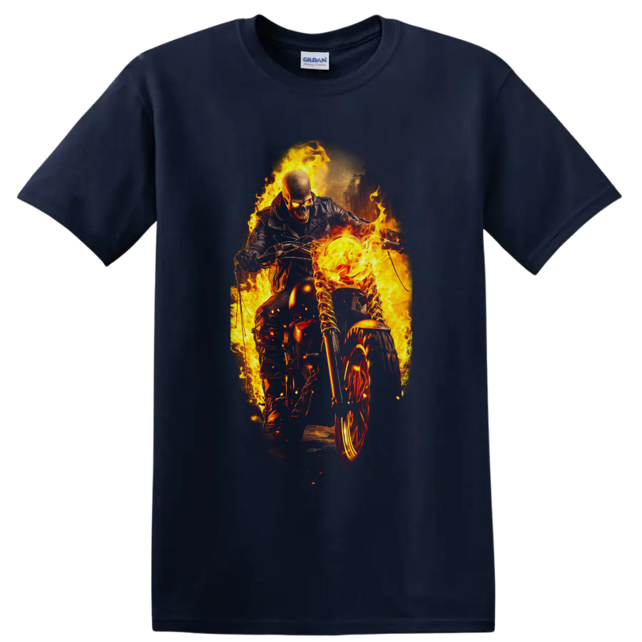 Ghost Rider on a flaming motorcycle in intense fiery comic action artwork on a Navy (Blue) T Shirt