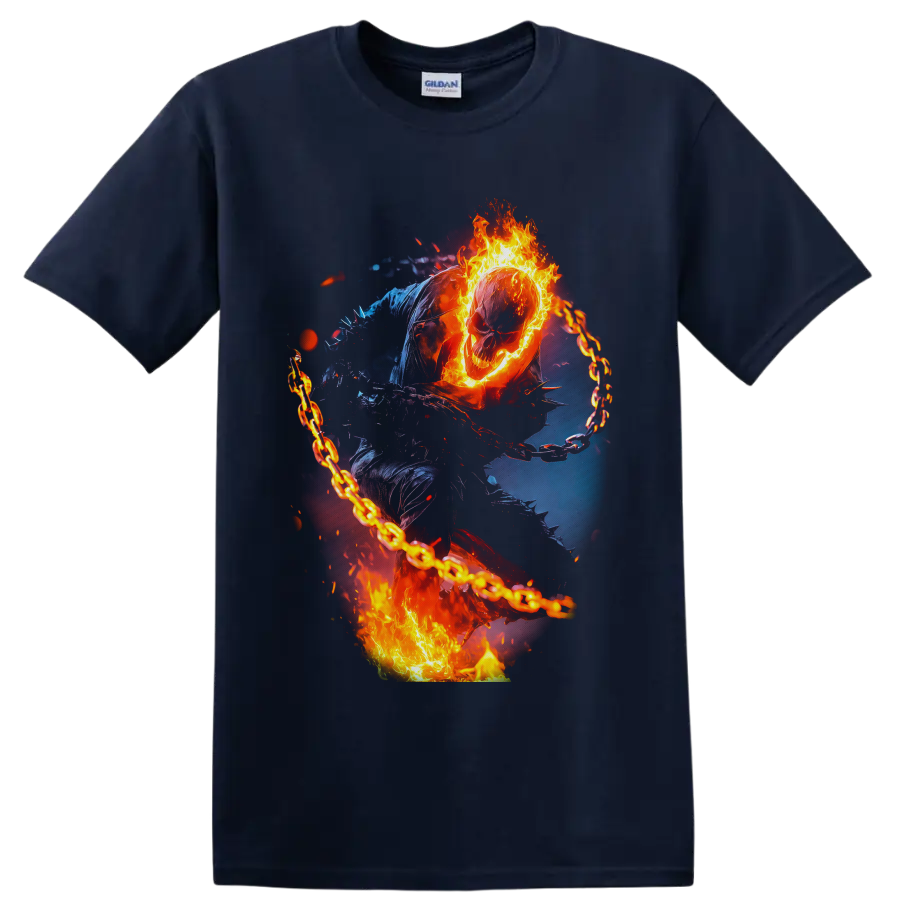 Ghost Rider flaming skull and chain in fiery comic-inspired supernatural action art on a Navy (Blue) T Shirt