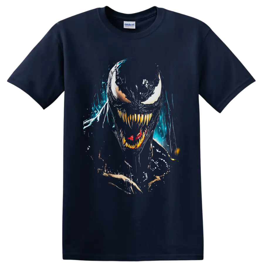 Venom symbiote face with white eyes, sharp teeth, red tongue, and blue splatter art on a Navy (Blue) T Shirt