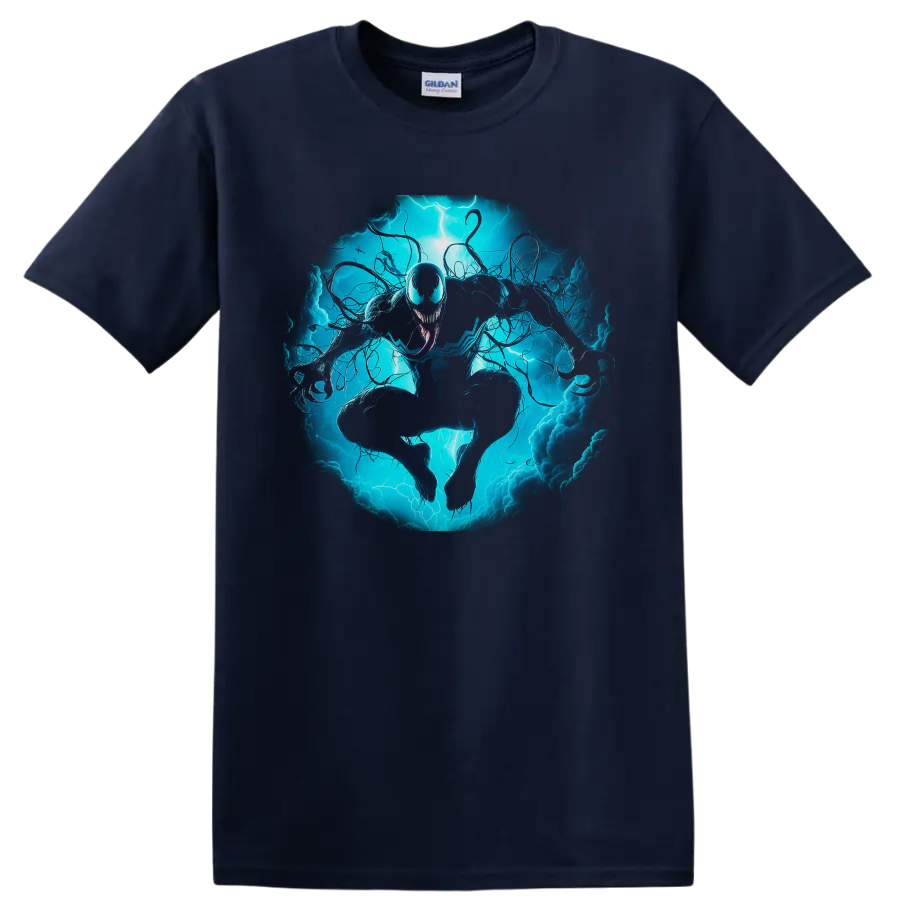 Anti-Venom symbiote lunging through electric blue lightning and swirling tendrils on a Navy (Blue) T Shirt