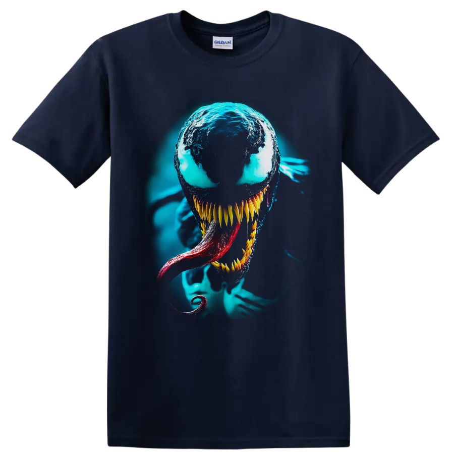Venom symbiote portrait with cyan glow, sharp golden teeth, and red tongue on a Navy (Blue) T Shirt
