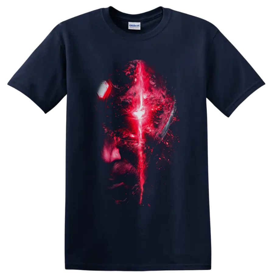 Vision abstract digital portrait with glowing forehead beam and fractured red particle on a Navy (Blue) T Shirt