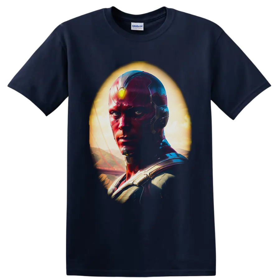 Vision portrait in metallic red and blue armor with glowing yellow forehead gem on a Navy (Blue) T Shirt