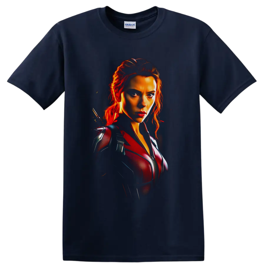 Black Widow Natasha Romanoff cinematic portrait with fiery red tactical suit on a Navy (Blue) T Shirt