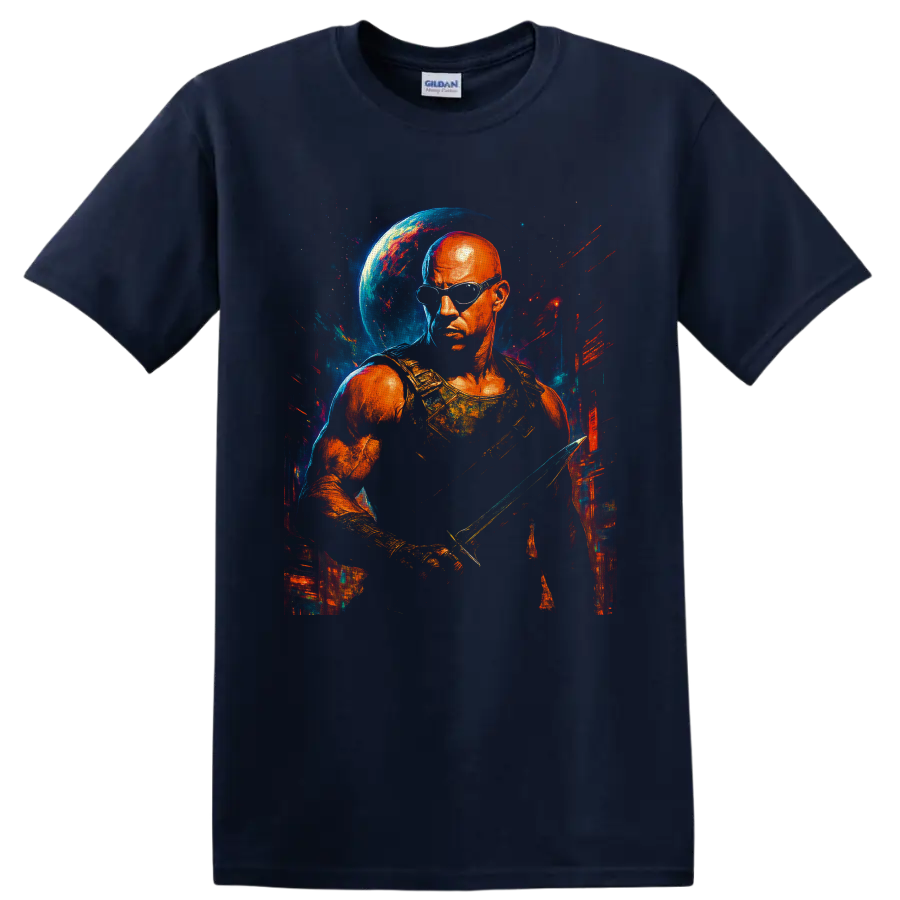 Riddick cosmic warrior portrait with goggles, blade, blue planet, and painted space on a Navy (Blue) T Shirt