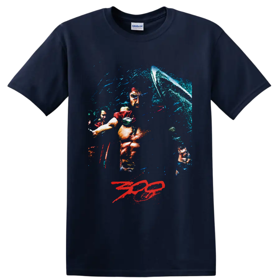Leonidas Spartan warrior battle scene with shield, crashing wave, and red 300 logo on a Navy (Blue) T Shirt