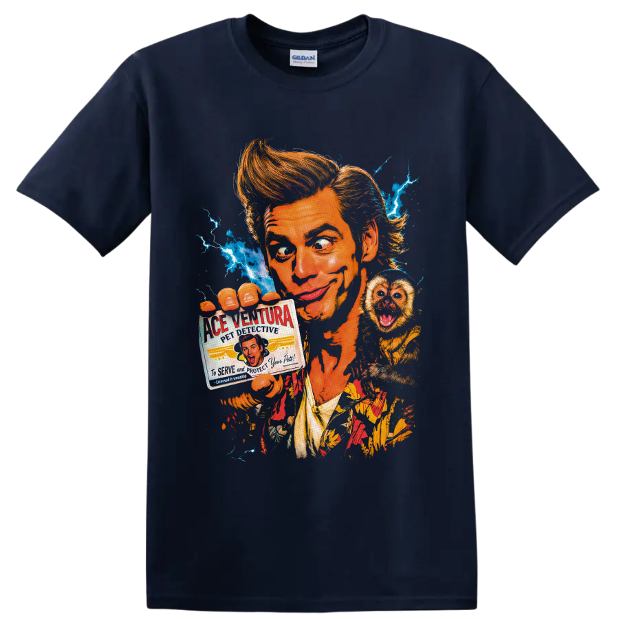 Ace Ventura retro portrait with monkey, detective credential, and blue lightning on a Navy (Blue) T Shirt