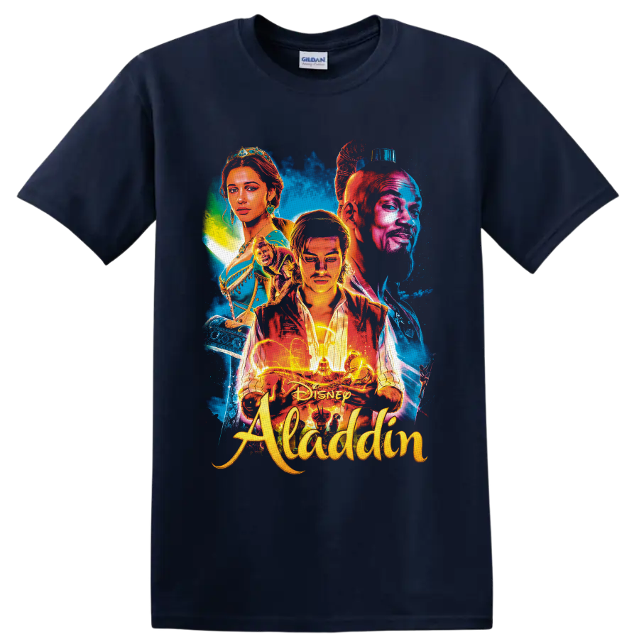 Aladdin, Jasmine and Genie neon portrait with magic lamp and flying carpet on a Navy (Blue) T Shirt