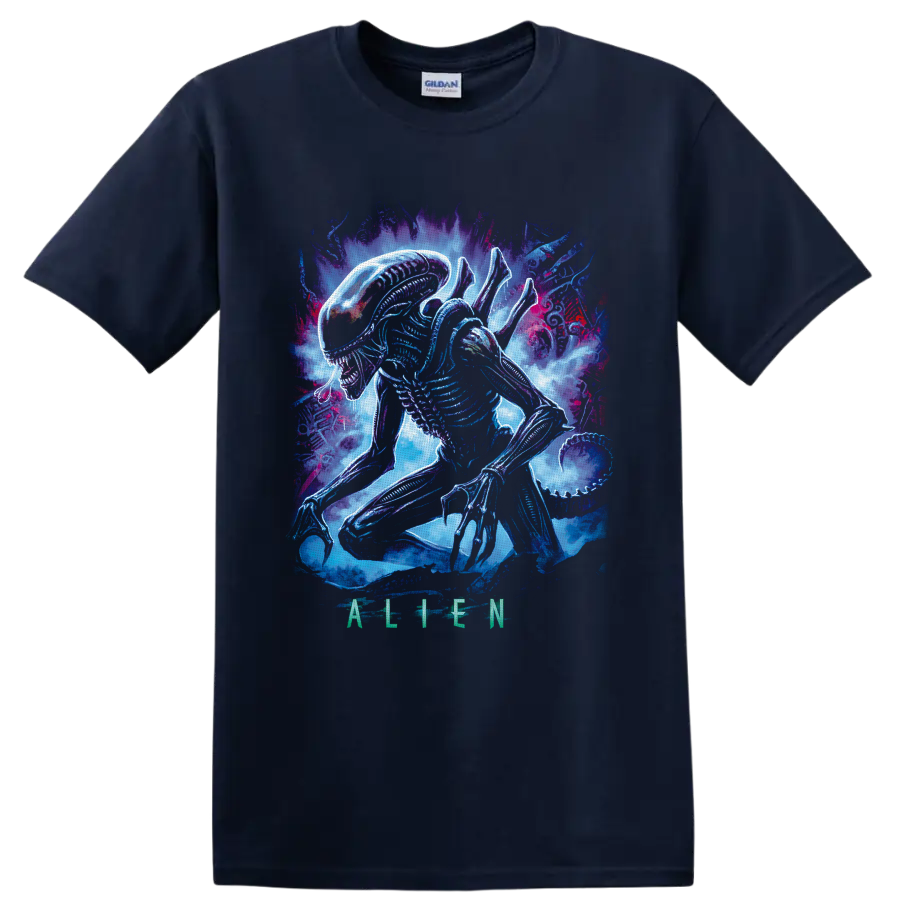 Neon Xenomorph from Alien crouching amid blue, purple, and magenta cosmic smoke on a Navy (Blue) T Shirt