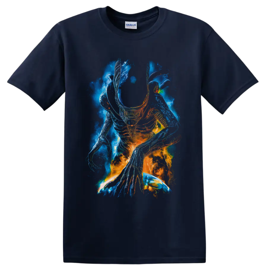 Surreal neon Xenomorph from Alien with blue and orange biomechanical linework on a Navy (Blue) T Shirt