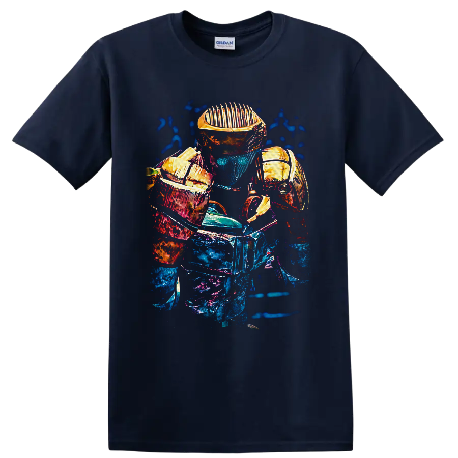 Atom from Real Steel robot boxer in neon blue, magenta, and gold sci-fi graphic art on a Navy (Blue) T Shirt
