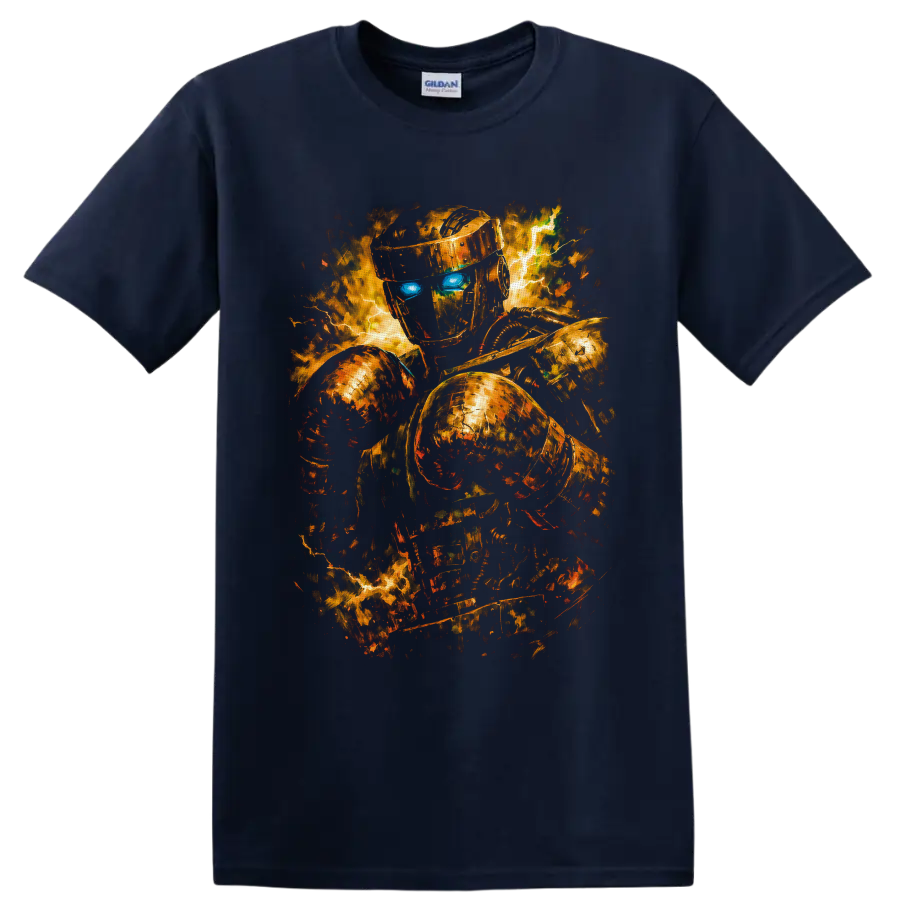 Atom from Real Steel in fiery metallic robot boxing action art with glowing blue eyes on a Navy (Blue) T Shirt