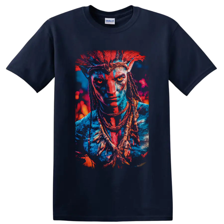 Neon Avatar Na'vi warrior portrait with red feather headdress and braided hair on a Navy (Blue) T Shirt