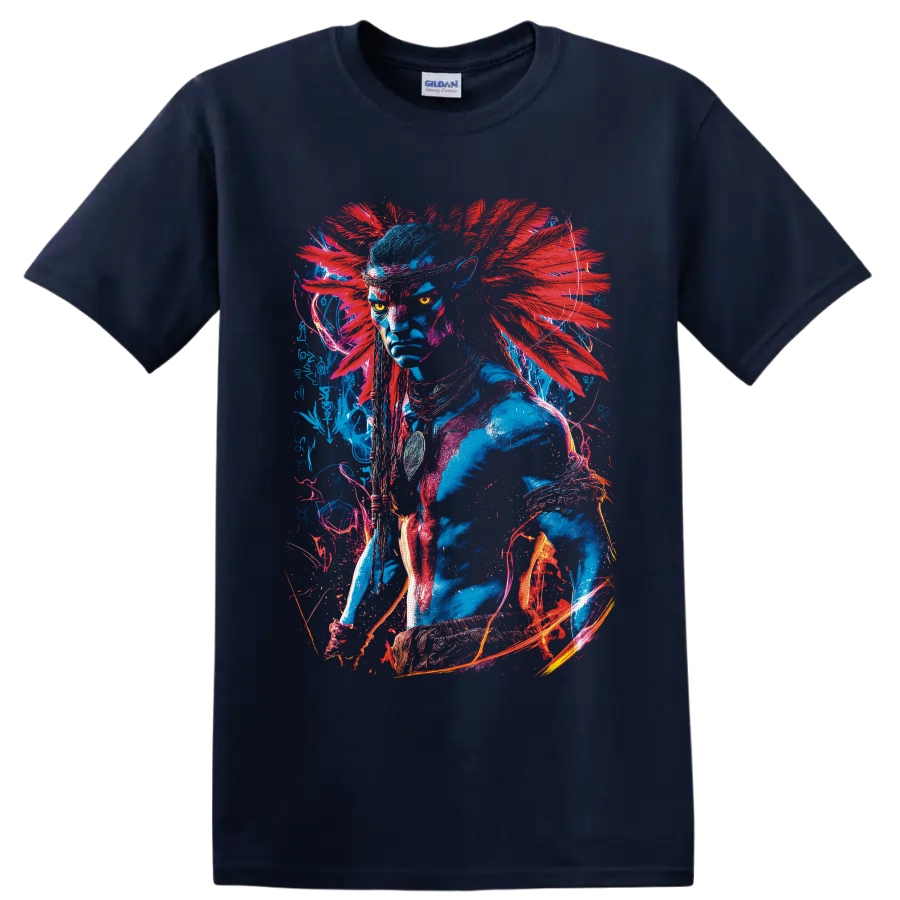 Neytiri Avatar neon warrior portrait with red feather-like accents and glowing linework on a Navy (Blue) T Shirt