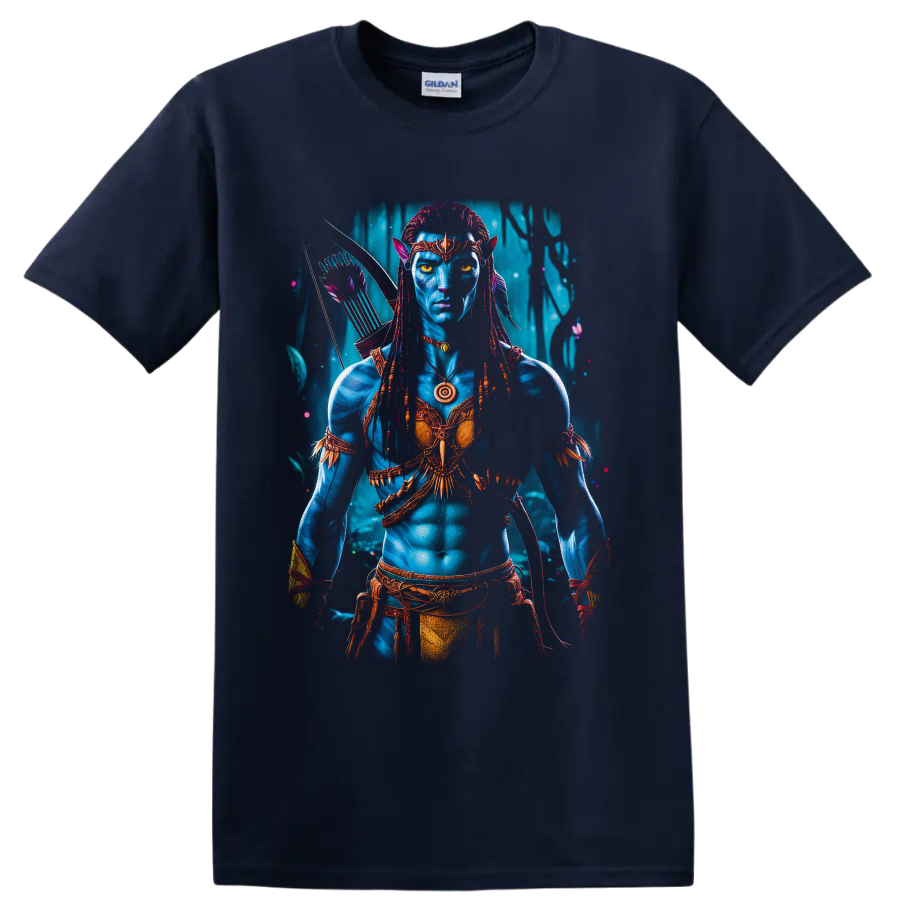 Neytiri Avatar Na'vi warrior archer portrait with glowing forest backdrop on a Navy (Blue) T Shirt