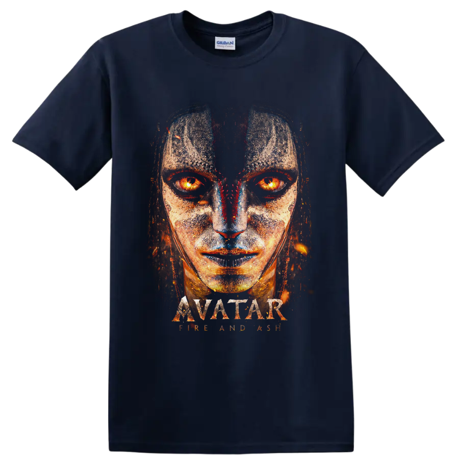 Varang fiery-eyed distressed portrait with Avatar Fire and Ash lettering on a Navy (Blue) T Shirt