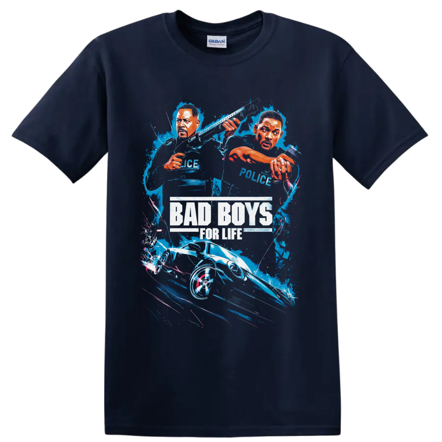 Bad Boys for Life illustrated Will Smith and Martin Lawrence police car splash graphic on a Navy (Blue) T Shirt