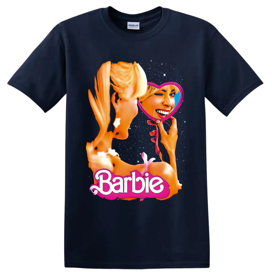 Barbie blonde portrait in pink heart mirror with sparkles and Barbie lettering on a Navy (Blue) T Shirt