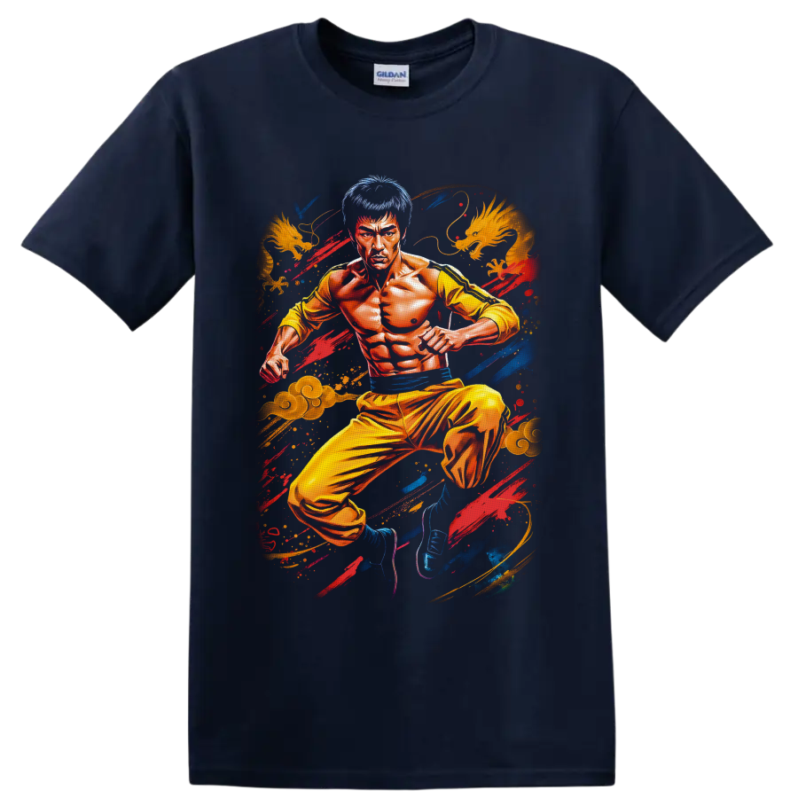 Bruce Lee Game of Death yellow jumpsuit fighter with dragons and colorful brushstrokes on a Navy (Blue) T Shirt