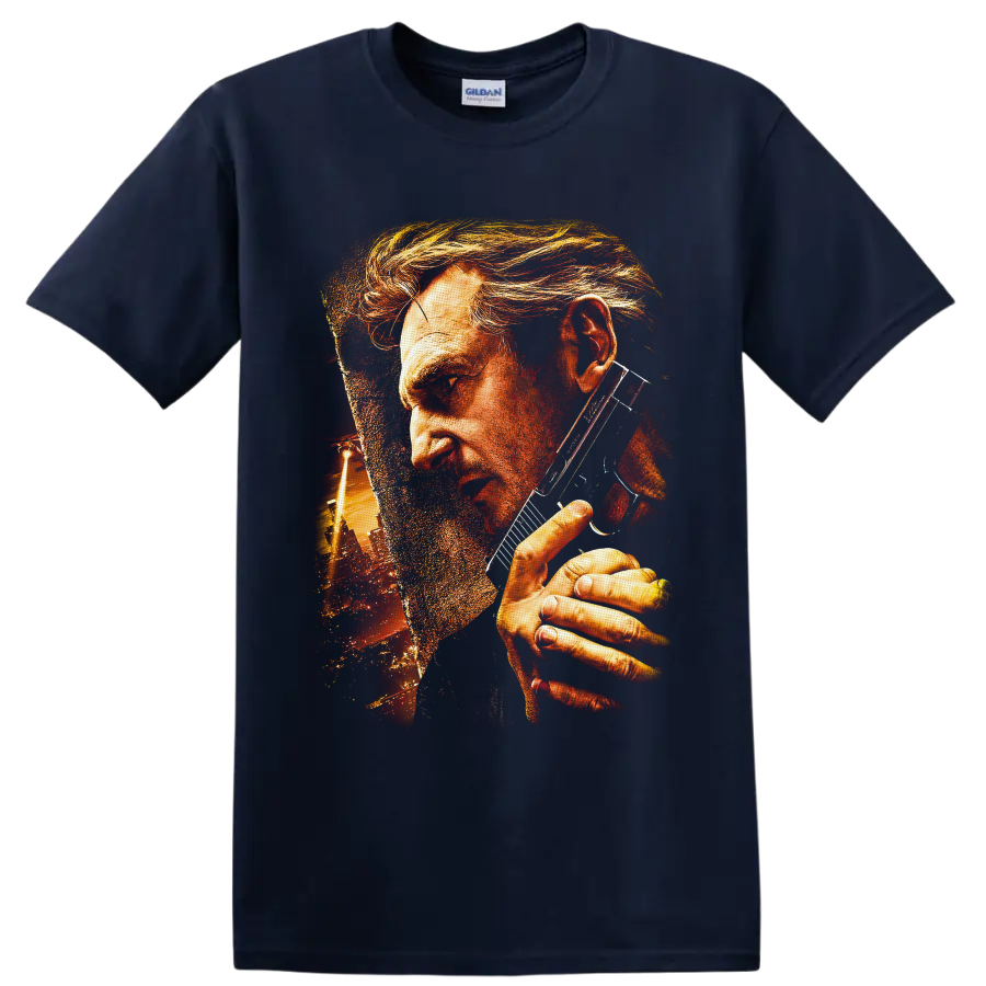 Travis Bickle gritty portrait with sunglasses and glowing urban skyline artwork on a Navy (Blue) T Shirt