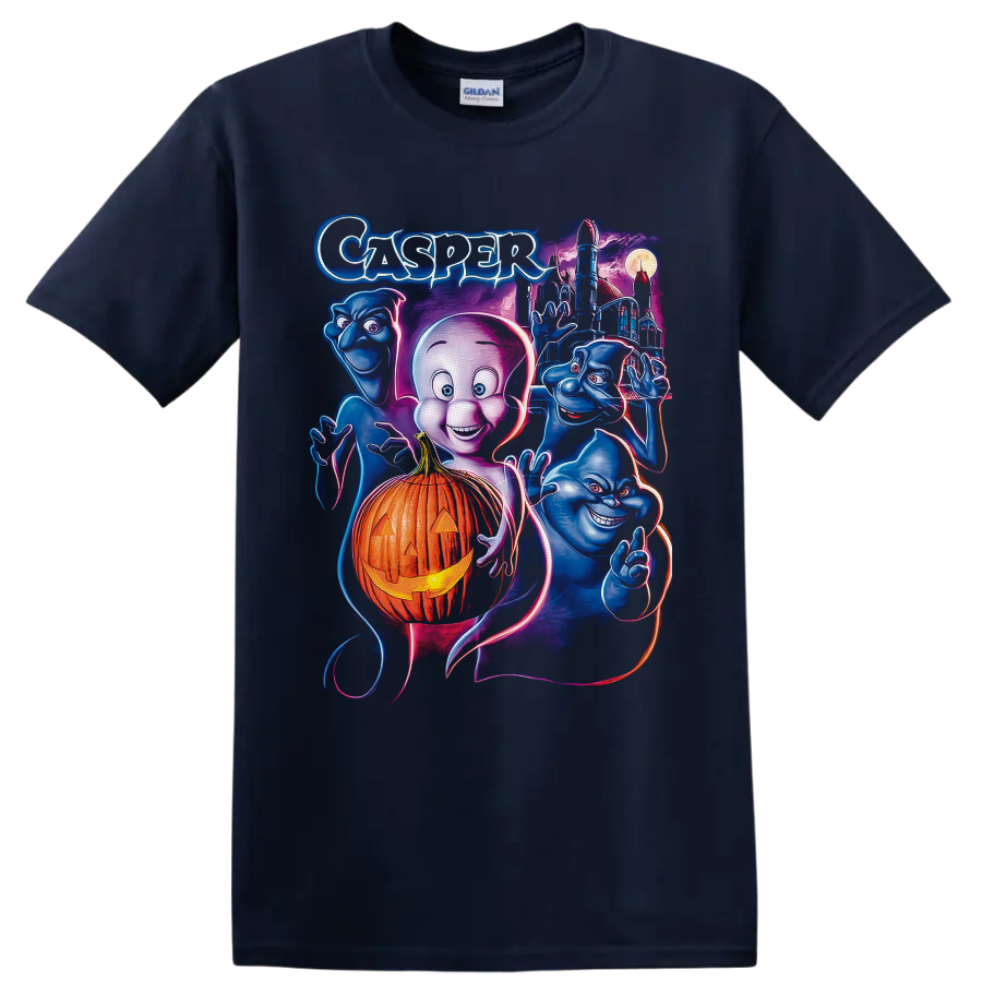 Casper the Friendly Ghost neon art with pumpkin, blue ghosts, moonlit castle, and moon on a Navy (Blue) T Shirt