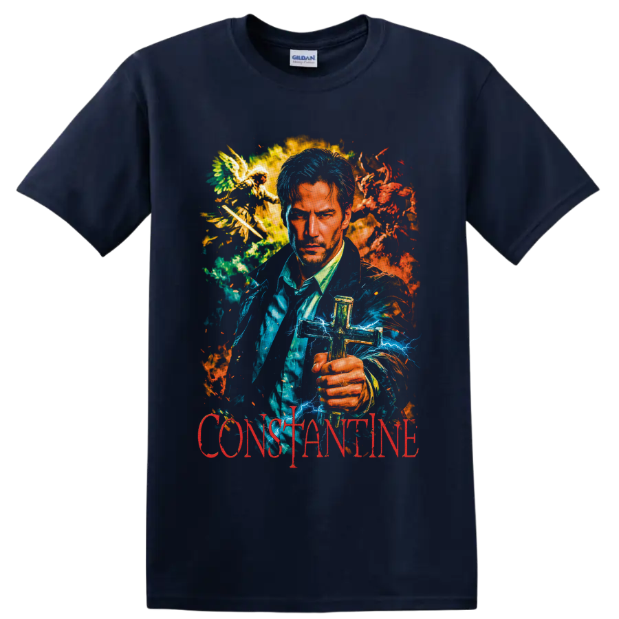 John Constantine portrait with blue lightning, flames, winged figures, and red on a Navy (Blue) T Shirt
