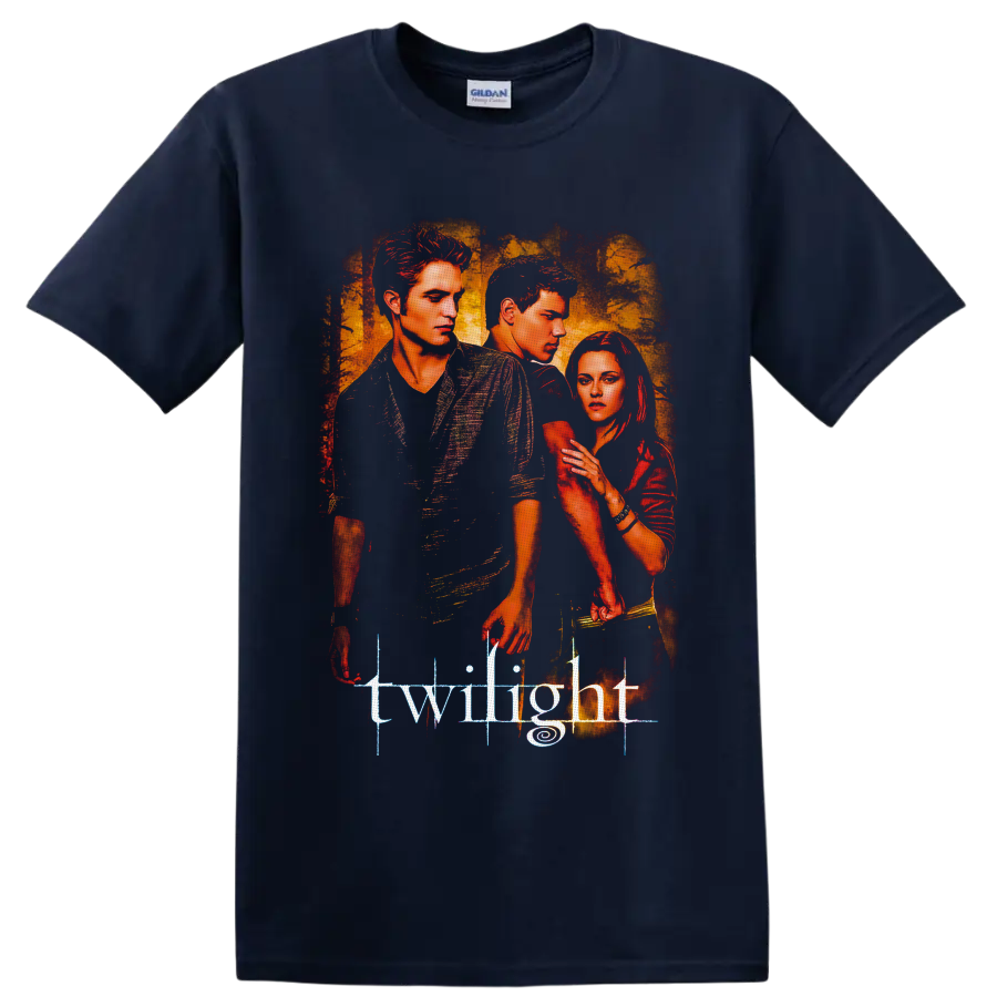 Twilight portrait graphic of Edward Cullen, Jacob Black, and Bella Swan on a Navy (Blue) T Shirt