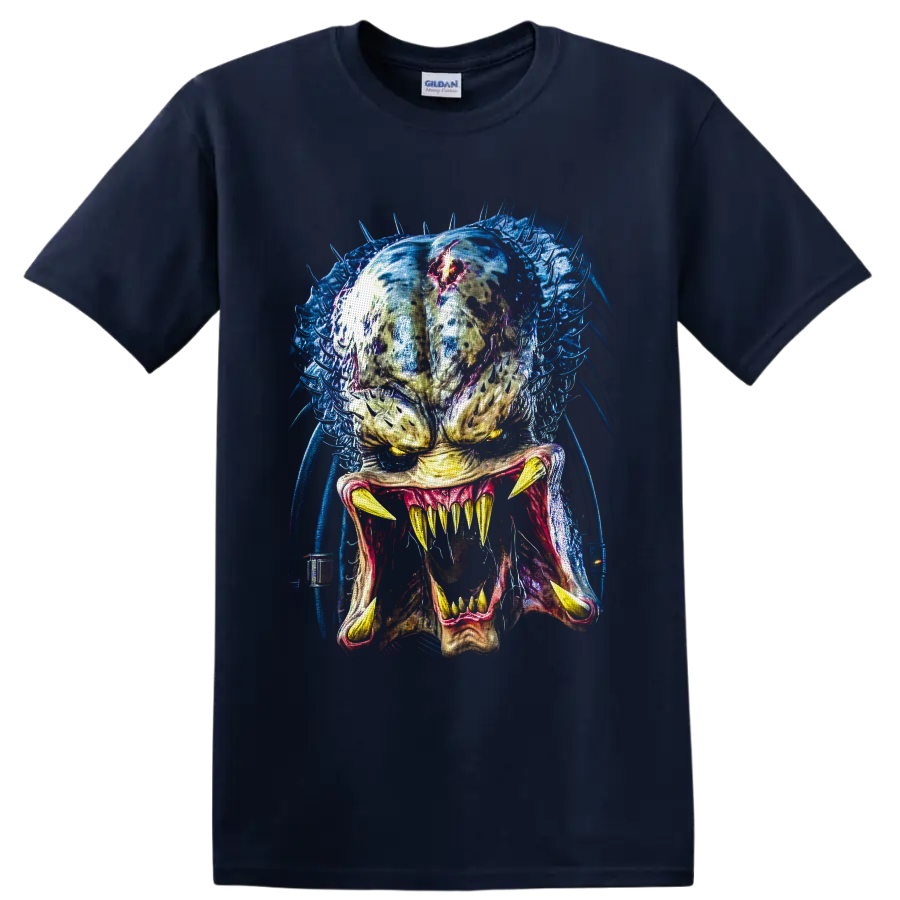 Predator alien hunter portrait with fangs, blue tendrils, and red forehead detail on a Navy (Blue) T Shirt