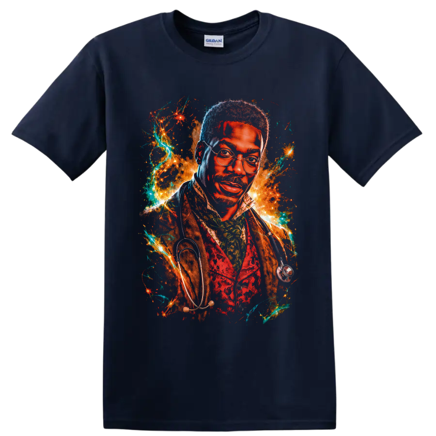 Dr. Dolittle fantasy doctor portrait with glasses, stethoscope, sparks, and teal energy on a Navy (Blue) T Shirt
