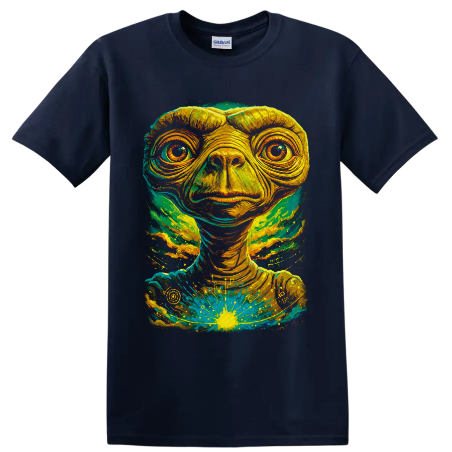 E.T. psychedelic portrait with teal, yellow, and green cosmic paint splashes on a Navy (Blue) T Shirt